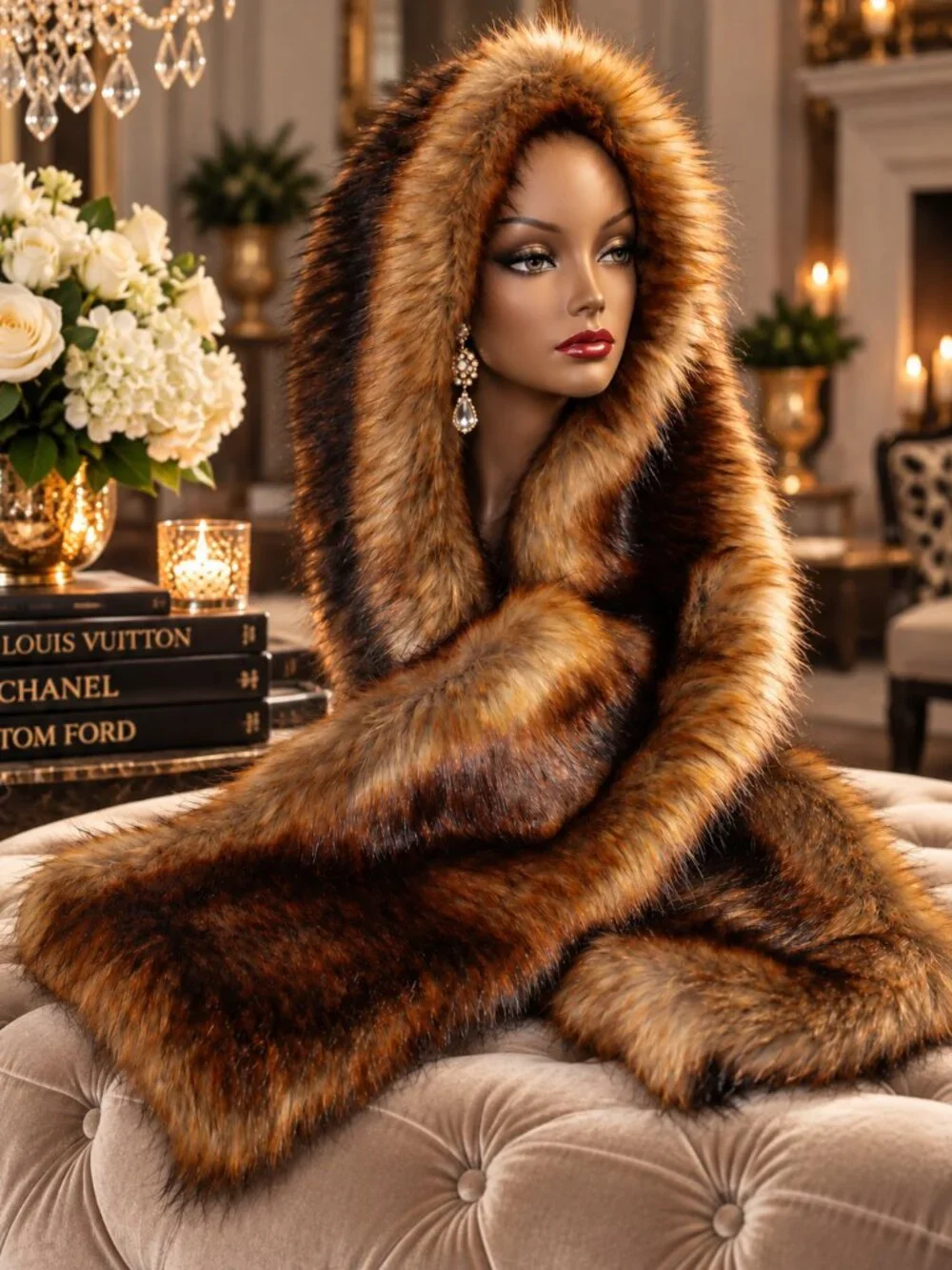 Vintage Brown Sable Luxe Faux Fur Long Scarf Stole